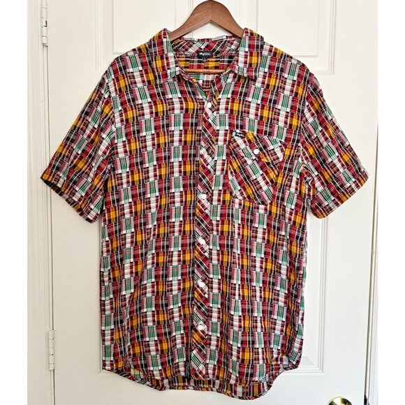 LRG Lifted Research Group Patchwork Woven Short Sleeve Button Up Shirt | Size L - Picture 1 of 8